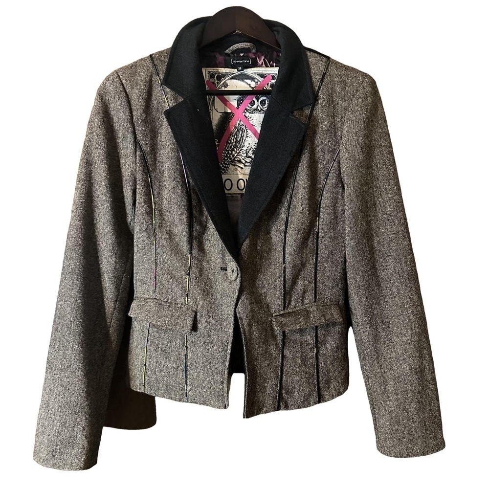 St-Martins Womens Brown Tweed ‘No Owls!’ One-Button Lined Blazer Embroidery Sz S